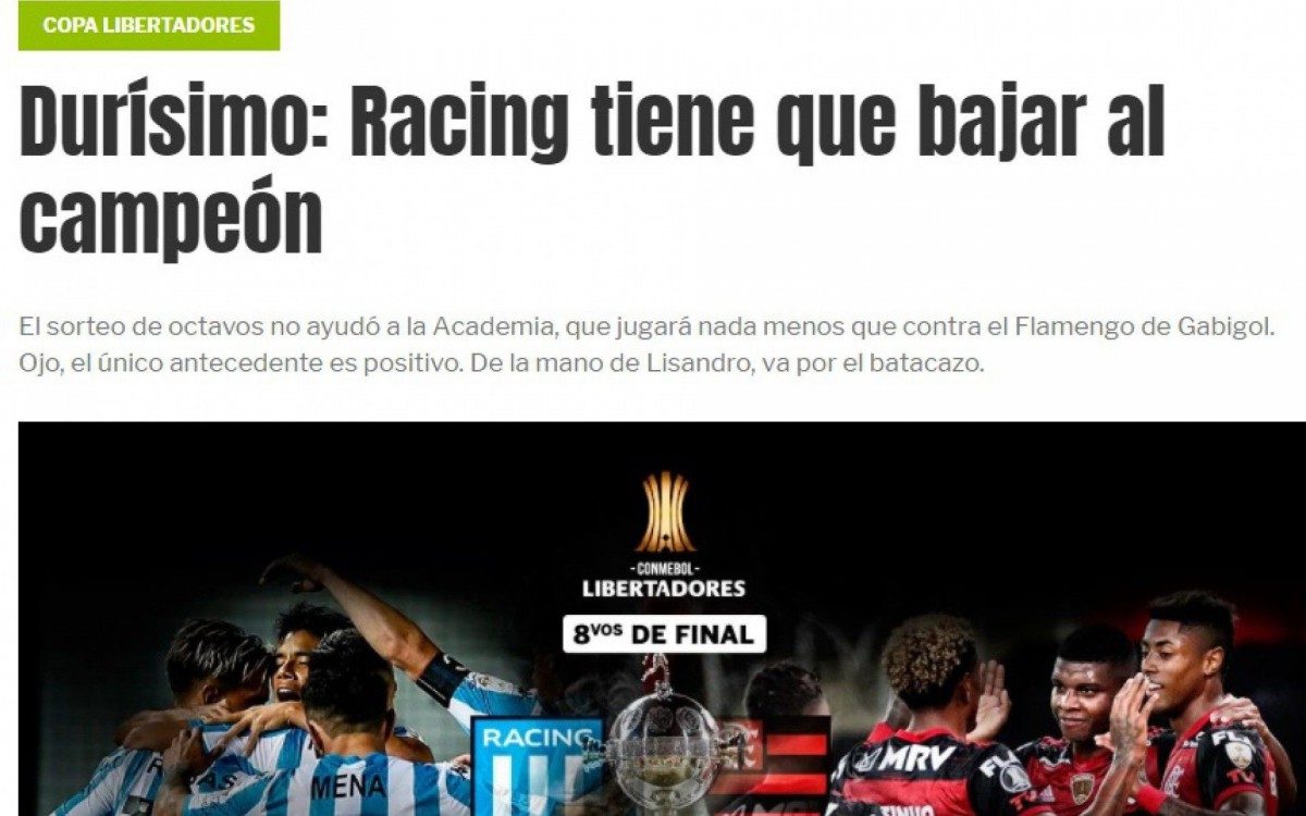 Imprensa argentina repercute duelo entre Flamengo e Racing na Libertadores